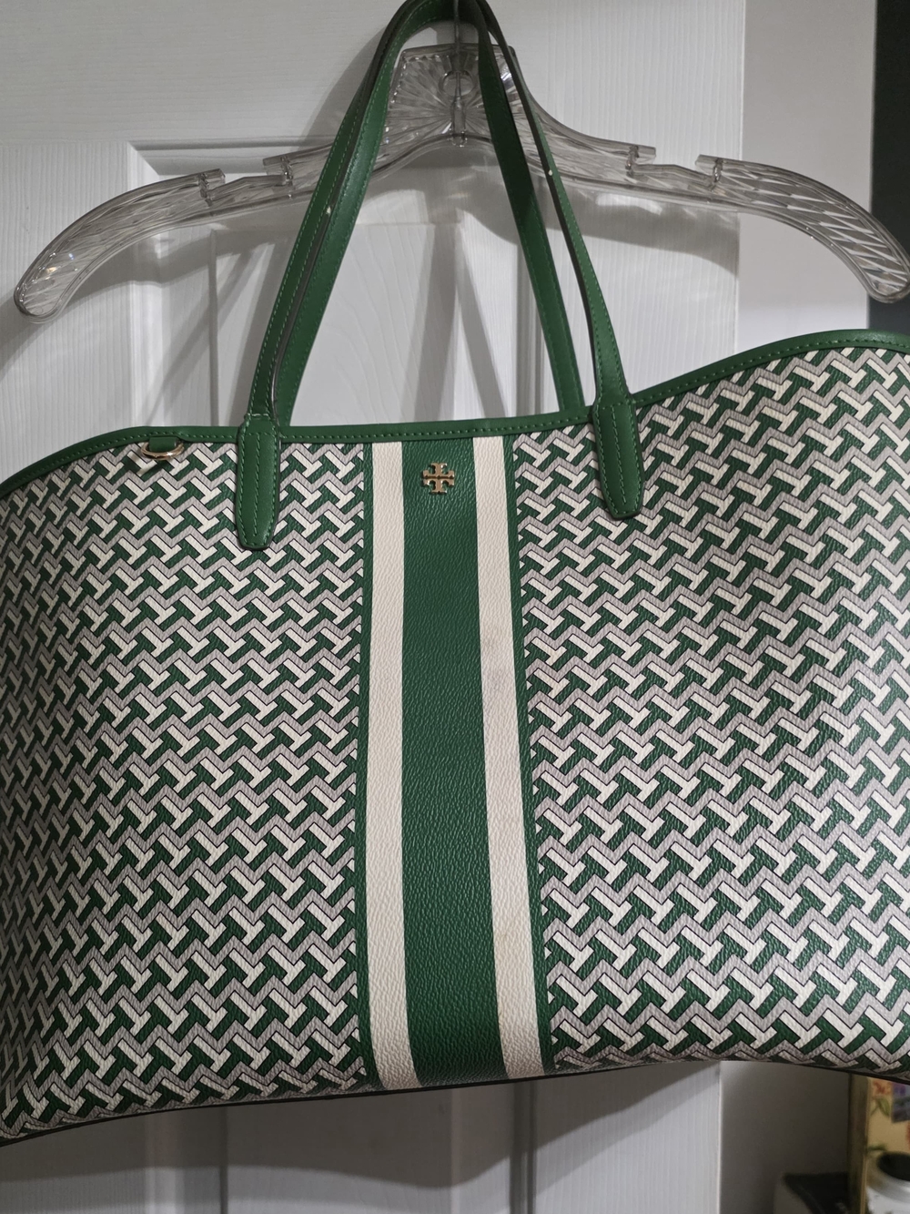 Tory Burch Green and White Printed Canvas Tote